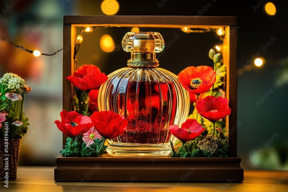 Poster illuminated display case for a perfume bottle surrounded by red flowers.