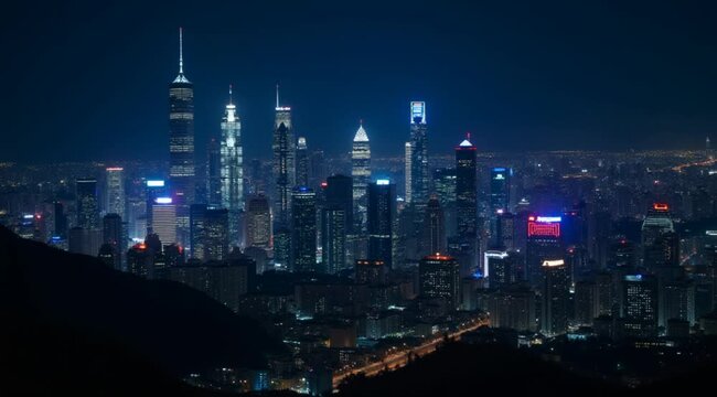 A captivating urban nightscape featuring brightly illuminated skyscrapers in the city