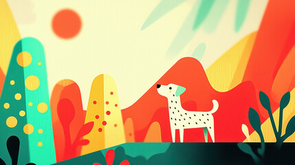 Obraz premium Bright colorful abstract landscape with stylized trees hills and a playful Dalmatian dog in a vibrant outdoor scene with bold shapes and cheerful colors