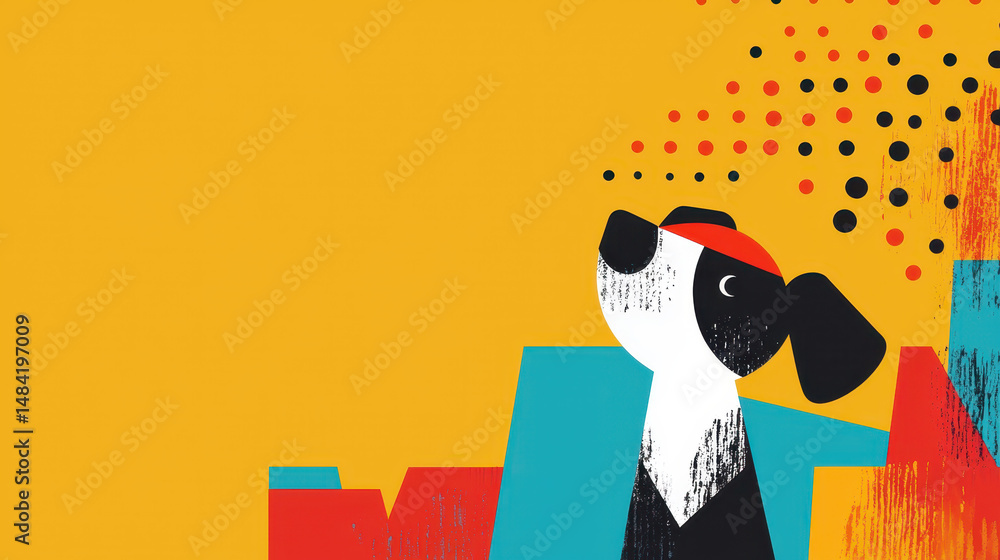 Poster vibrant abstract illustration of a playful dog with a red headband surrounded by colorful geometric 