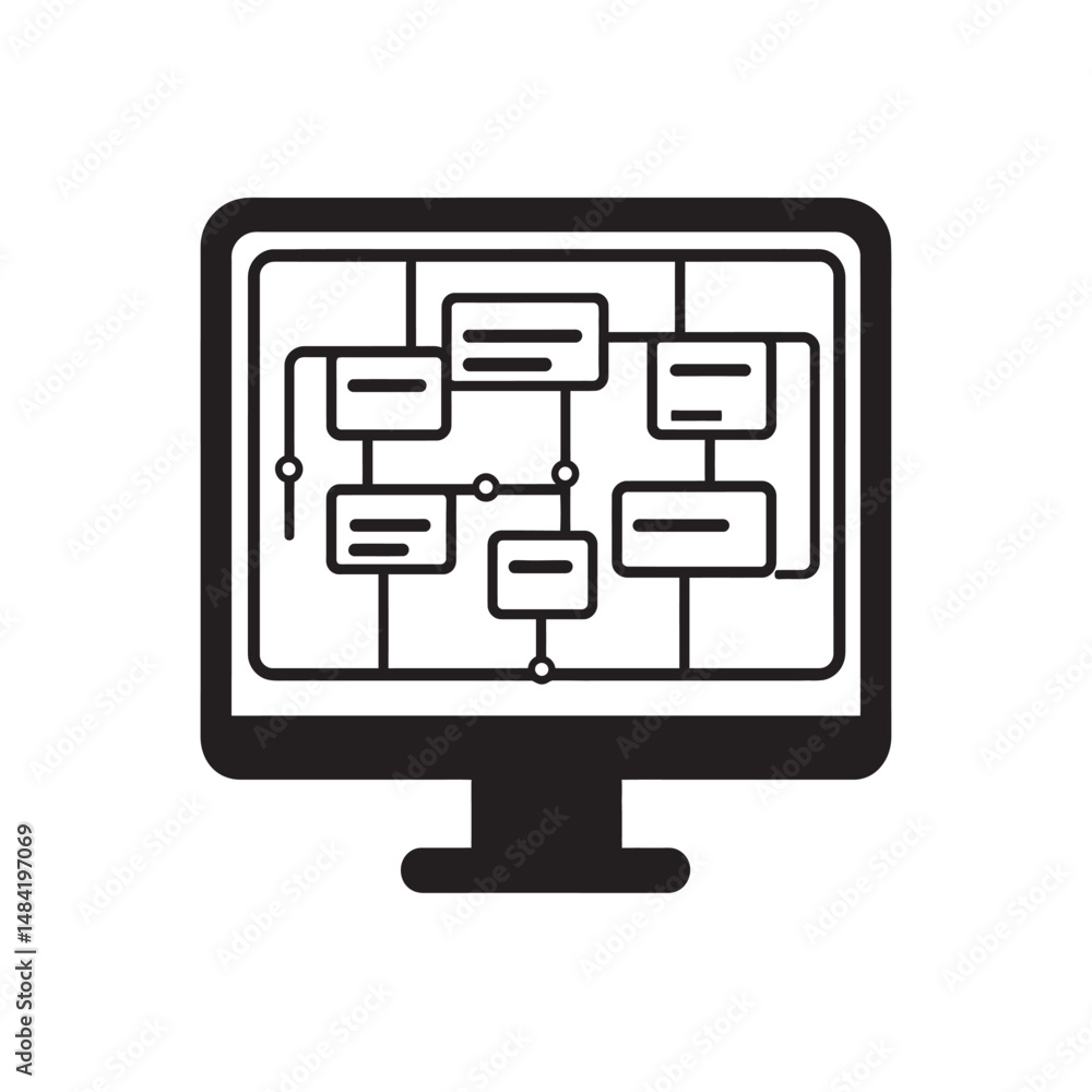 Aufkleber black outline of flow chart displayed on a desktop monitor on white background
