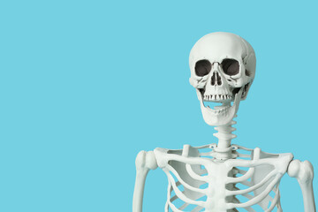 Scary human skeleton on blue background, closeup
