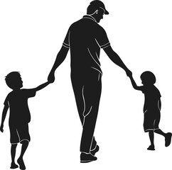 Silhouette of Father Holding Hands with Two Children Vector Illustration