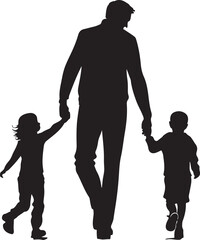 Silhouette of Father Holding Hands with Two Children Walking Vector Illustration