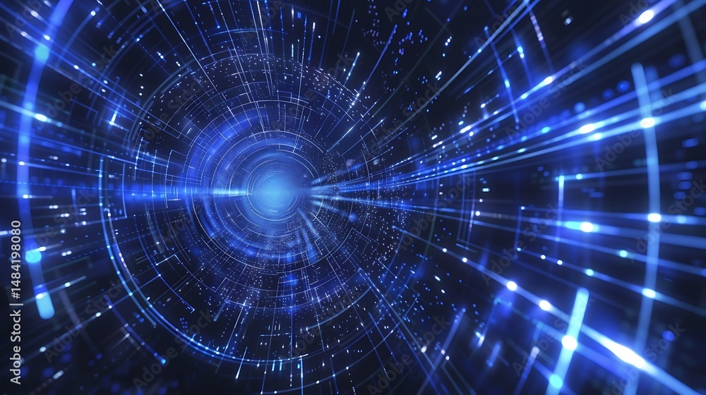Poster abstract blue tunnel of light with dynamic lines and particles in digital space