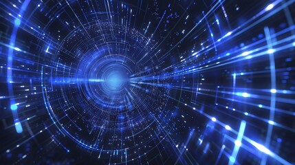 Abstract Blue Tunnel Of Light With Dynamic Lines and Particles in Digital Space