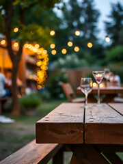 Ein leerer Holztisch bei einer Gartenparty im Sommer, verschwommener Bokeh Hintergrund