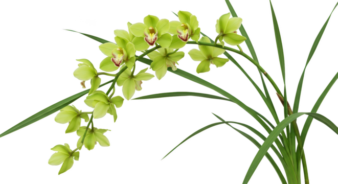 Elegant light green cymbidium orchids blooming branch isolated transparent background