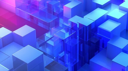 Abstract digital art of interconnected blue and pink cube shapes with glossy, semi-white surfaces, complex geometric arrangement, futuristic modern design, diffuse lighting
