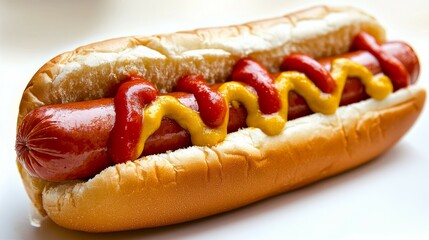 Close-up of a delicious hot dog in a soft, golden-brown bun with juicy sausage, topped with vibrant red ketchup and bright yellow mustard, on a clean white background, showcasing