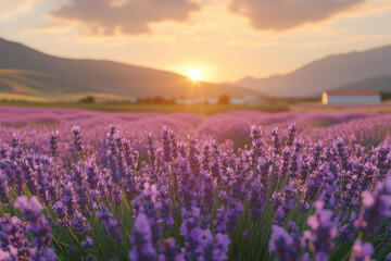 Fototapeta premium Sunset over lavender field.