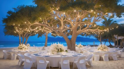 Romantic Beachfront Dining Under Tree Lights – Coastal Restaurant Ambience
