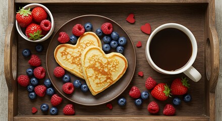 Heart Shaped Pancakes with Fresh Berries and Hot Coffee A Delightful Breakfast for Valentine's Day Celebration An Intimate Sweet Morning