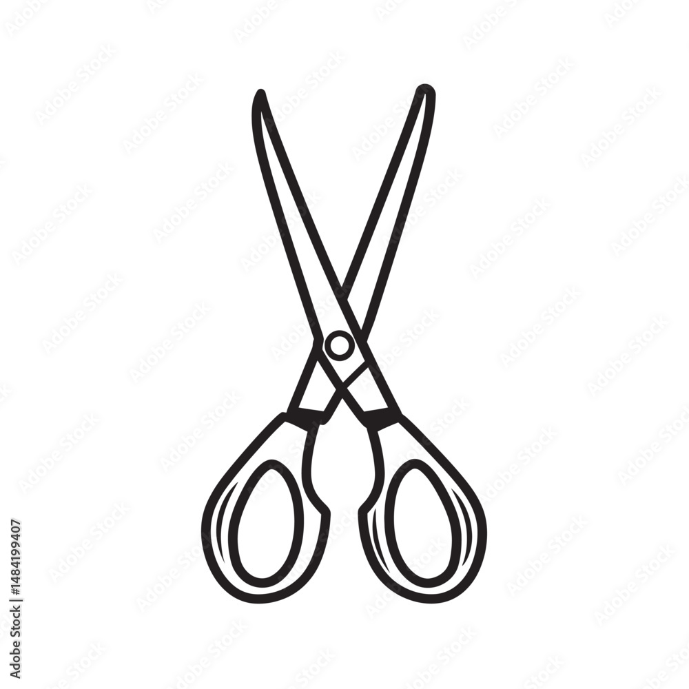 Poster black outline reveals open scissors with elliptical handles against a transparent backdrop