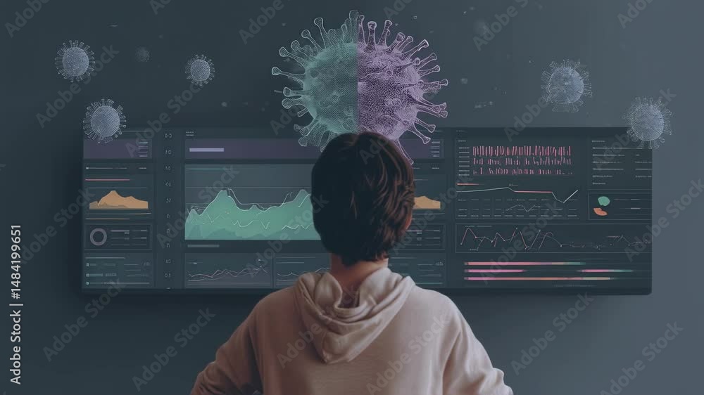 Poster scientist in white lab coat analyzing pandemic data visualization, studying virus models and charts 