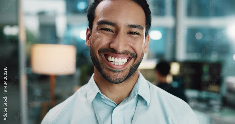 Poster Web developer, confident and portrait of businessman in office for software system or website update. Night, happy designer or Asian backend engineer with smile for company development in workplace