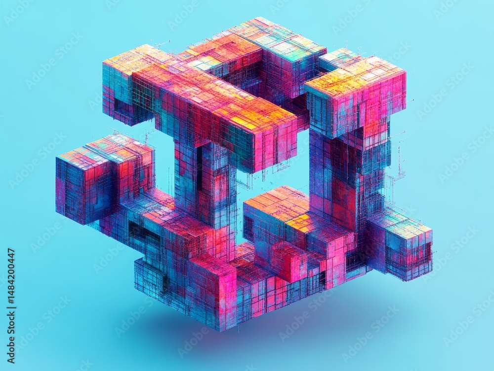 Poster abstract multicolored pixelated cube 3d rendering