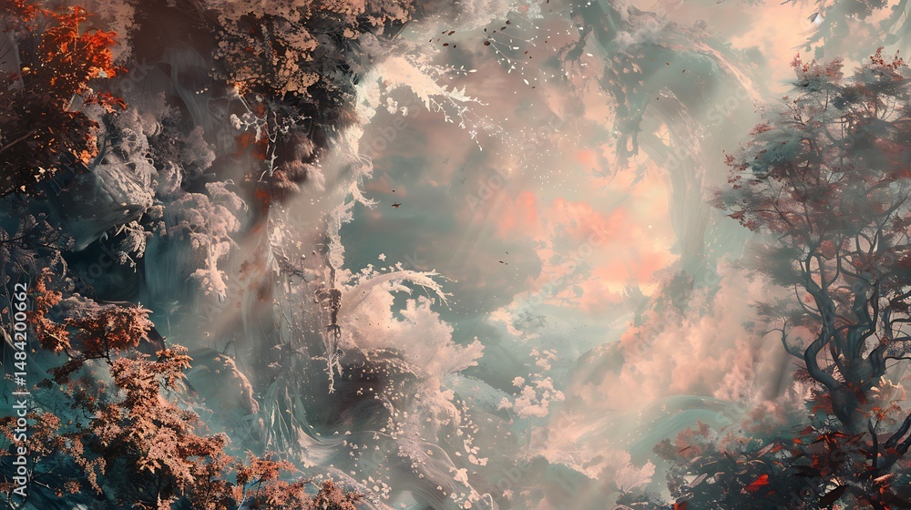 Poster abstract digital artwork of forest trees and cloudy sky with pixelated style