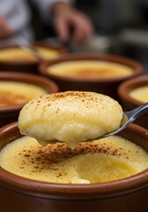 Delicious creme brulee custard dessert recipe in ramekins with cinnamon for food blog and social media