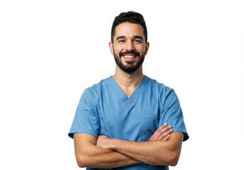 Smiling man in scrubs with arms crossed on white background