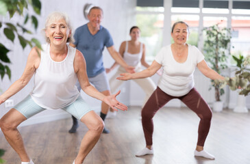 Fototapeta premium Group of happy mature sports women and man in activewear exercising dynamic dancing movemens in modern gym studio