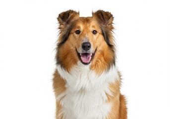 Fototapeta premium Smiling collie dog with brown and white fur isolated on white background