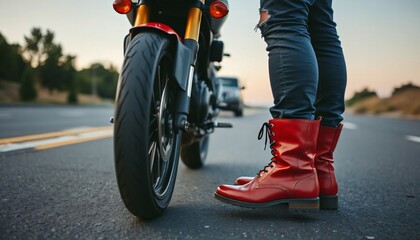 Naklejka premium A person stands next to a motorcycle on a road, with focus on boots and tire 