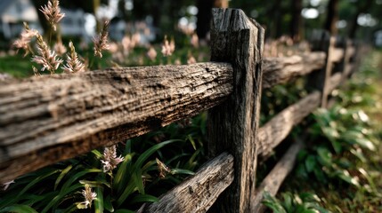 Obraz premium Weathered wooden fence with plants