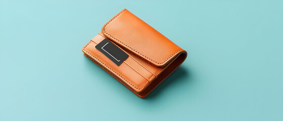 Stylish Light Brown Leather Wallet On Light Teal Background