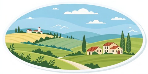 Oval Composition Tuscan Countryside Illustration, Landscape, Rural Tuscan, Italy