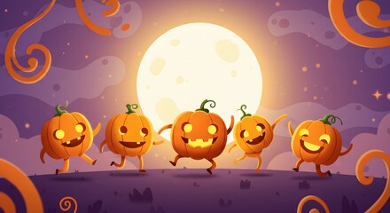 Halloween Wallpaper: Pumpkins Walking Under the Moonlight Festive Halloween Scene