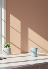 Minimalist workspace with succulent plant and blue mug in sunlight on white desk interior design