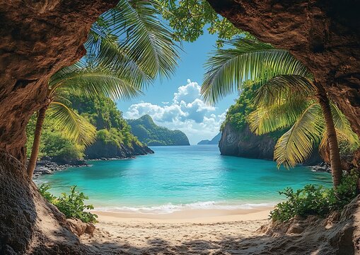 Tropical beach through a cave - Powered by Adobe