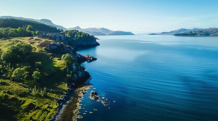 Obraz premium Aerial View Of Calm Lake With Rocky Coastline And Green Flora Under Blue Sky