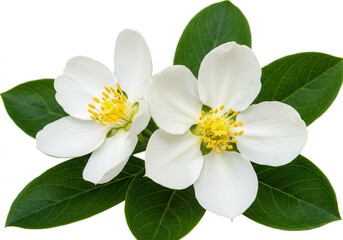 Obraz premium Two mock orange blossoms with green leaves on a white background