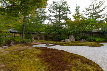 日本、京都、高台寺、紅葉、黄葉、秋、寺院、佛寺、佛教、木造建築、古代建築、庭園、文化財、日本文化、歷史名勝、綠色、風景、青空、写真素材