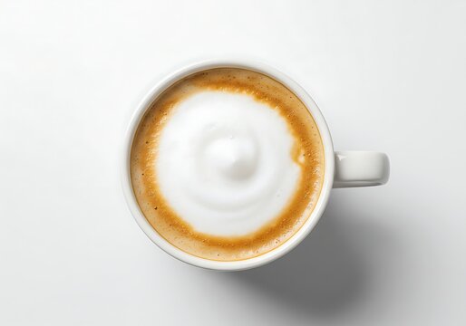Overhead view of latte with foam in white ceramic mug