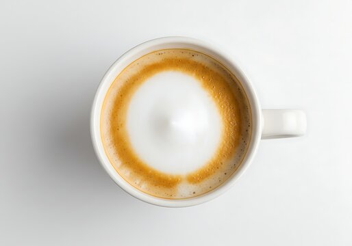 Aerial view of latte art in a white ceramic coffee cup