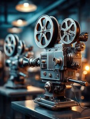 Fototapeta premium A vintage film projector with metal reels sits on a table in a warmly lit, nostalgic setting, evoking the golden age of cinema.