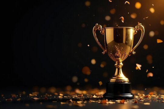 Black background, shimmering golden confetti, winner's cup, winner, shiny