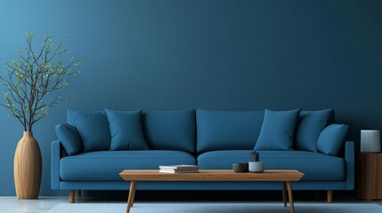 3D Render of Cozy Living Room Interior Featuring Blue Sofa, Wooden Coffee Table and Elegant Vase with Branch