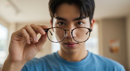 若者眼鏡調整真剣な表情