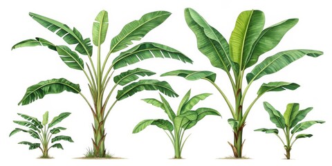 Obraz premium Watercolor Banana Palm Tree Composition Five Stages of Growth, Botanical Illustration, Tropical Plants. Banana Tree, Palm Tree