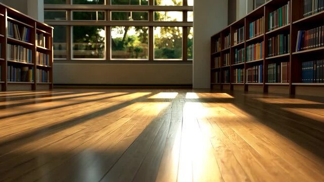 Sunlit library interior with bookshelves and wooden floor