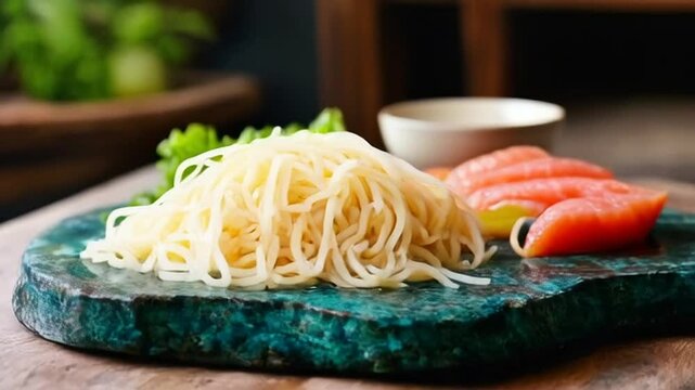 Close Up Somen Noodles with Salmon and Lettuce on Turquoise Plate