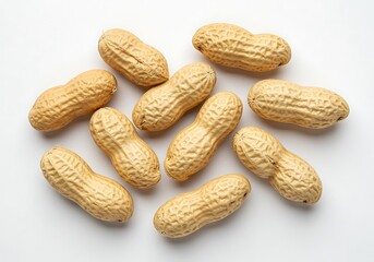 A collection of peanuts in shells on a white surface