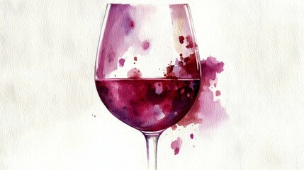 Artistic Watercolor Study of a Red Wine Glass with Abstract Marsala Stains on a White Background