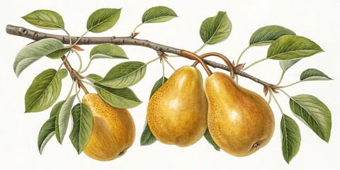 Watercolor Pears on Branch Botanical Illustration, Fruit Still Life, Three Pears, Leaves, Watercolor Painting Botanical illustration, watercolor painting
