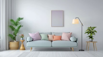 Chic and Inviting Modern Living Room Featuring a Sofa and Lamp Against a Bright White Wall