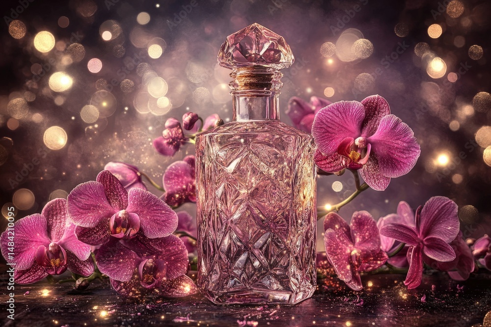 Poster elegant perfume bottle and vibrant orchids in a glamorous setting.